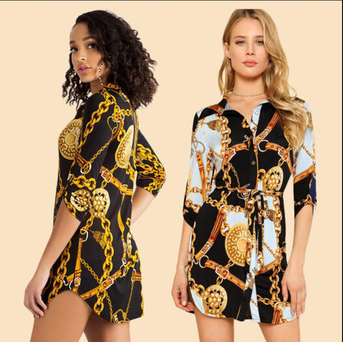 Black White Chain Print Tunic Shirt - ROUTINE FASHION
